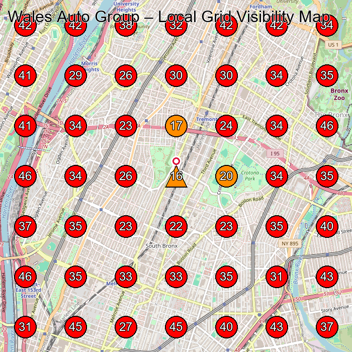 Wales Auto Group GeoGrid visibility map for Used Car Dealer in Bronx